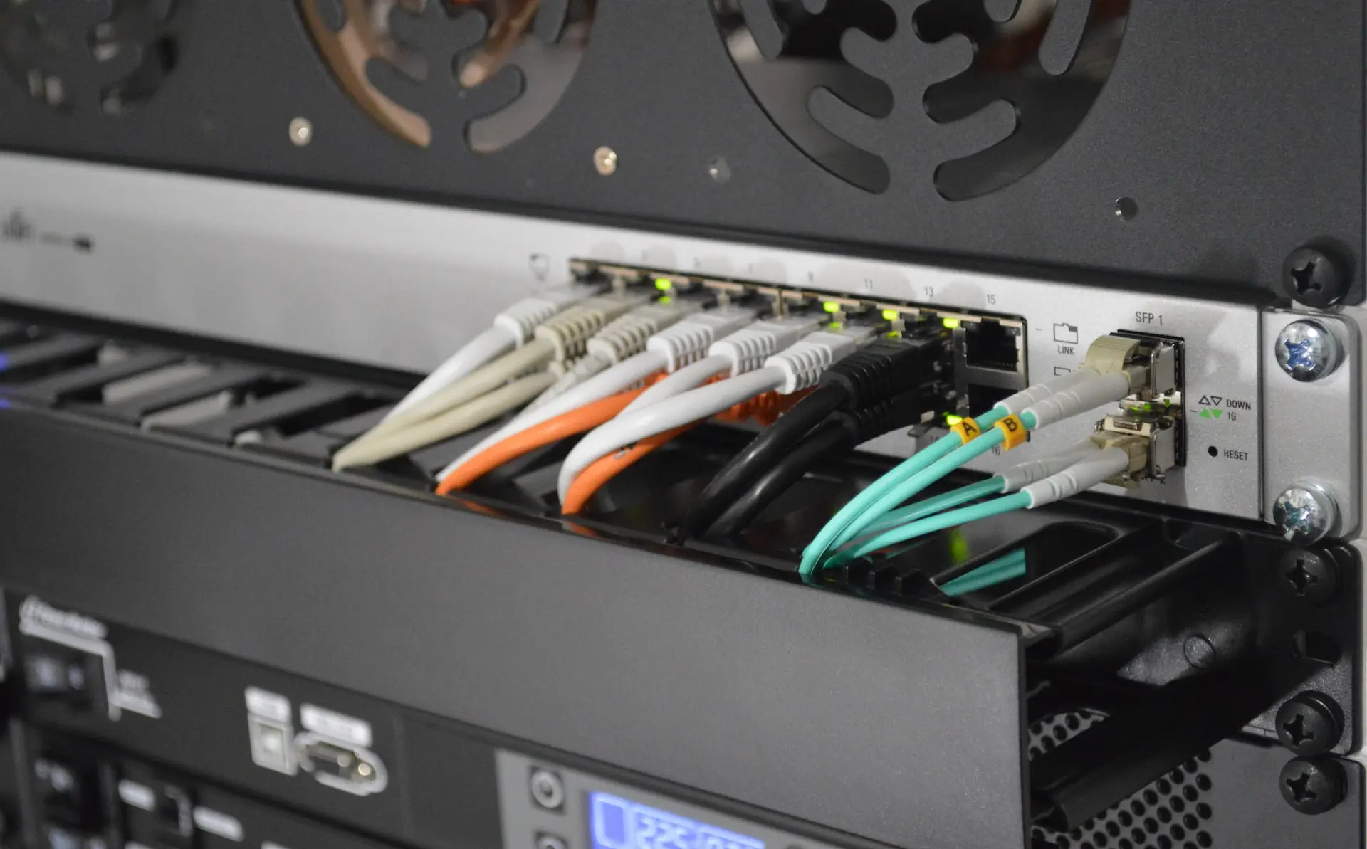 black network switch with cables